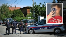 Polizeiaufgebot in Langenzersdorf. Der Wiener Akhil G. (kl. Bild) wurde hier brutal erschlagen.