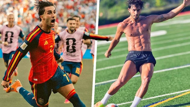 Ferran Torres als Spaniens WM-Finaltorschütze (li.) und als sexy Testimonial für einen ...
