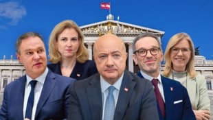 Krone KREATIV/APA/Georg Hochmuth, Reuters/Leonhard Foeger, EPA/Max Slovencik, APA/Roland Schlager, Imre Amtal, stock.adobe.com Der Druck auf die Koalition wächst, Blau legt weiter zu, auch Grüne stärker.