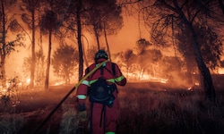 Einsatzkräfte beim Kampf gegen einen Waldbrand im Juli nahe Navas del Rey, rund 55 Kilometer ...