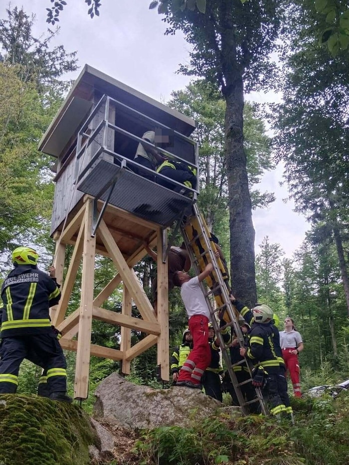 Über eine Leiter wurde die 22-Jährige vom Hochstand gebracht.