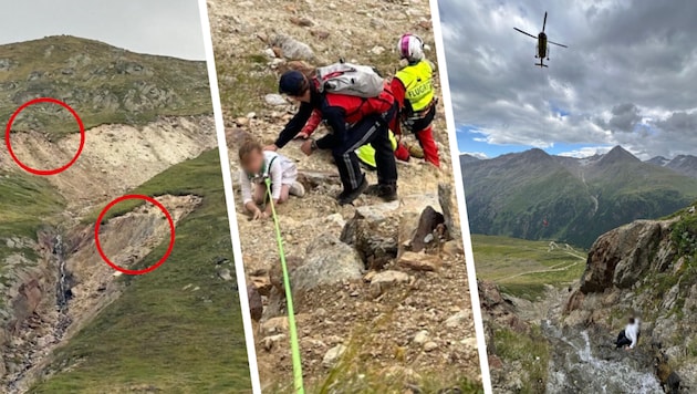 Several hikers were located in the area marked by the red circles (left). Rescue crews rescued ...