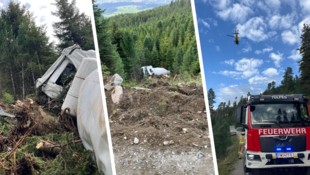 Mehr als 20 Meter stürzte der Betonmischer über den steilen Abhang.
