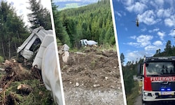 Mehr als 20 Meter stürzte der Betonmischer über den steilen Abhang.