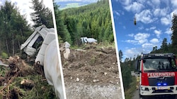 Mehr als 20 Meter stürzte der Betonmischer über den steilen Abhang.