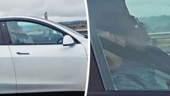 Fahrer und Beifahrer vertrauen komplett auf die Technik und schlafen, während ihr Auto von ...