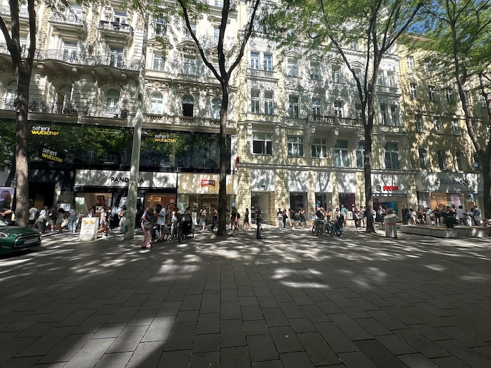 Vor dem Optiker in der Mariahilfer Straße hat sich seit dem Vormittag eine lange Schlange ...