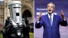 Graf Mülltonnengesicht (li.) fordert den Favoriten Nigel Farage heraus.