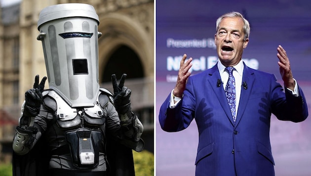 Graf Mülltonnengesicht (li.) fordert den Favoriten Nigel Farage heraus.
