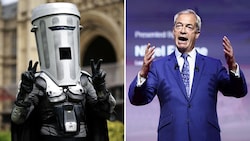 Graf Mülltonnengesicht (li.) fordert den Favoriten Nigel Farage heraus.
