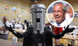 „Count Binface“ kam zur Stimmauszählung, Nigel Farage (kl. Bild) blieb fern.
