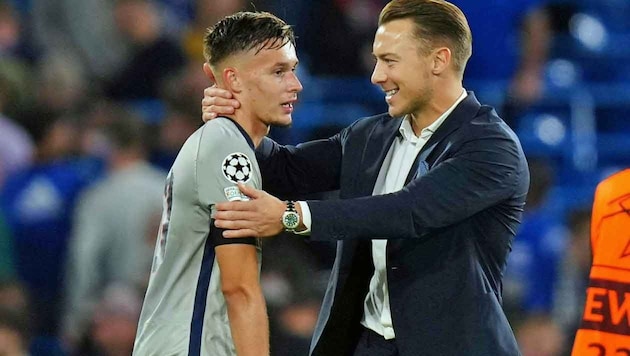 September 2022: Dedic (li.) und Jaissle performen für Salzburg in der Champions League. Bald ...
