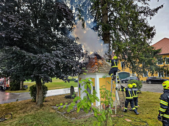 Lightning struck the tree, and the roof of the adjacent historic chapel also caught fire, but ...