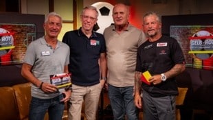 Moderator Hannes Steiner mit Gast Peter Stöger und den Experten Kurt Garger und Frenkie ...
