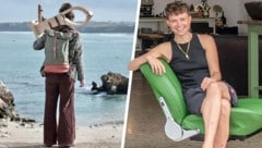 Lucy am Strand von Portugal mit ihrem Nähkolben – zwei Jahre war sie unterwegs, um ihre ...