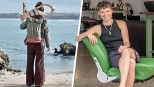Lucy am Strand von Portugal mit ihrem Nähkolben – zwei Jahre war sie unterwegs, um ihre ...