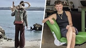 Lucy am Strand von Portugal mit ihrem Nähkolben – zwei Jahre war sie unterwegs, um ihre ...