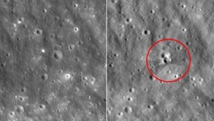 Links: Der Mond vor dem Einschlag des Schrottteils. Rechts: Das Teil einer SpaceX-Rakete ...