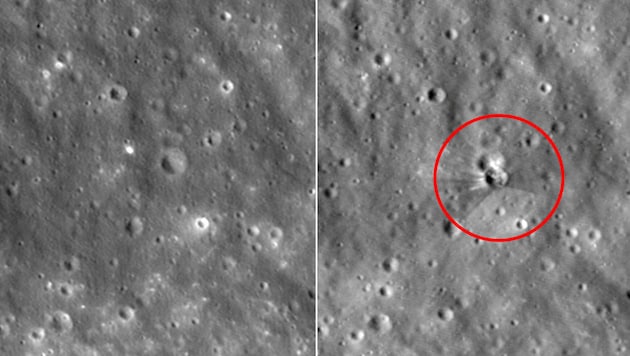 Links: Der Mond vor dem Einschlag des Schrottteils. Rechts: Das Teil einer SpaceX-Rakete ...