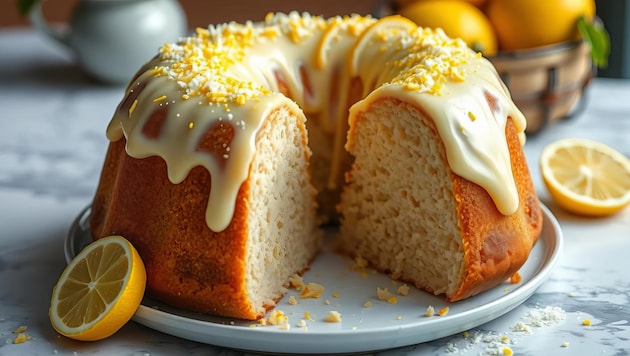 Wer es ganz besonders zitronig mag, kann den noch warmen, frisch gestürzten Kuchen mit einem ...