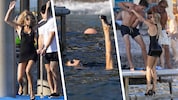 Brooks Nader hatte es wohl eilig und hüpfte statt im Bikini einfach mal im Gucci-Outfit ins ...