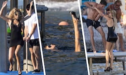 Brooks Nader hatte es wohl eilig und hüpfte statt im Bikini einfach mal im Gucci-Outfit ins ...