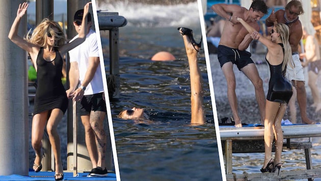 Brooks Nader hatte es wohl eilig und hüpfte statt im Bikini einfach mal im Gucci-Outfit ins ...