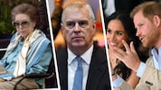 Prinzessin Margaret (li.), der ehemalige Prinz Andrew (Mitte) sowie Prinz Harry mit seiner ...