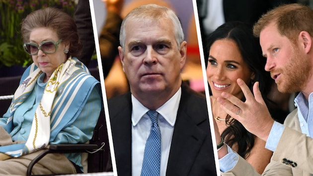 Prinzessin Margaret (li.), der ehemalige Prinz Andrew (Mitte) sowie Prinz Harry mit seiner ...