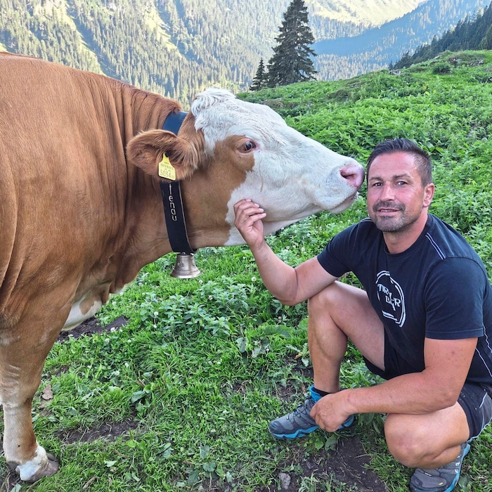 Hobbybauer Robert Lechner mit „Sunny“, die das Drama überlebte und im Winter ein Kalb auf die ...