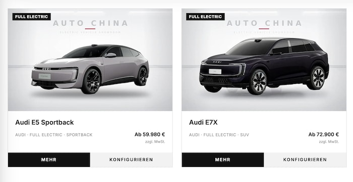 Beide China-Audis stehen im Online-Konfigurator. Klickt man darauf, steigt der Preis direkt auf ...