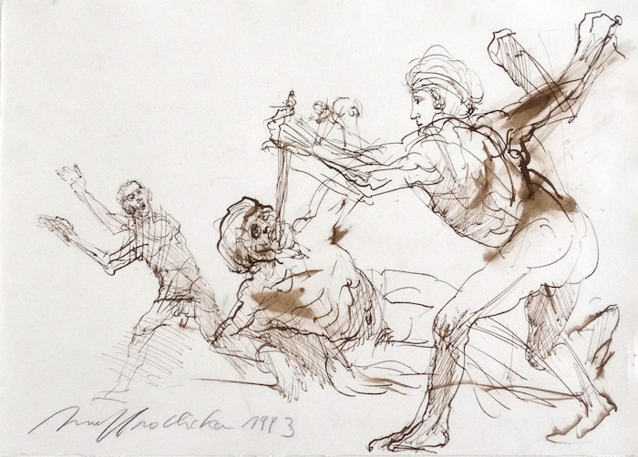 Bei Hilger: Alfred Hrdlicka, Zeichnung „Männergruppe mit Erstochenem“ (1970)