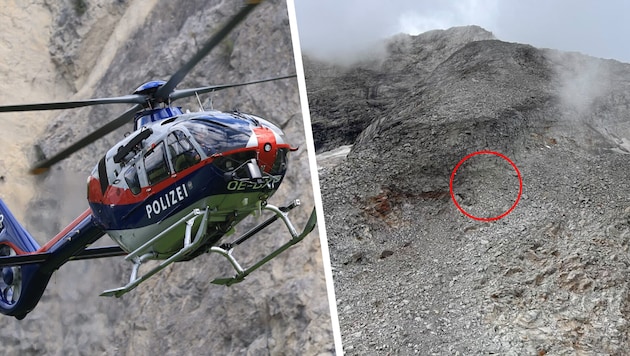 Im Bereich des roten Kreises kam der Bergsteiger zu liegen. Die Leiche wurde mit dem ...