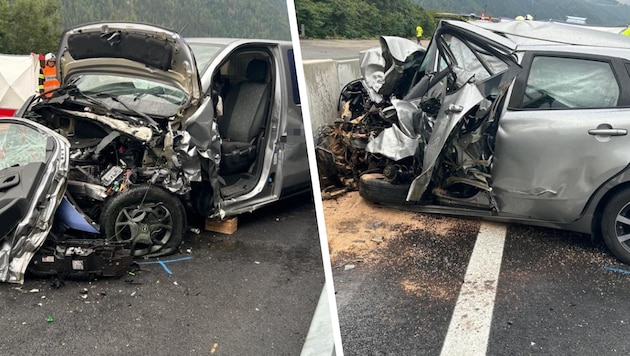 Die zwei komplett demolierten Unfallfahrzeuge. Rechts jenes der verstorbenen Frau.