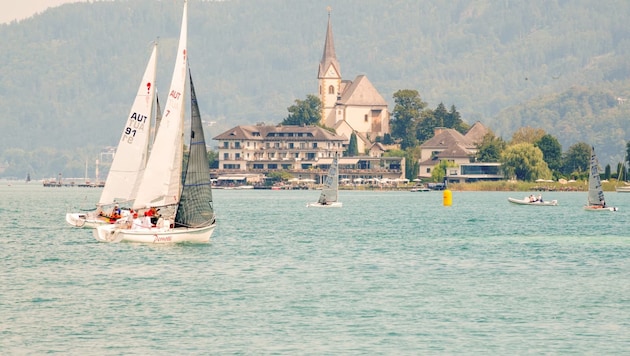 Bilder von der Segelwoche des Union Yacht Clubs, im Hintergrund die Kirche Maria Wörth.