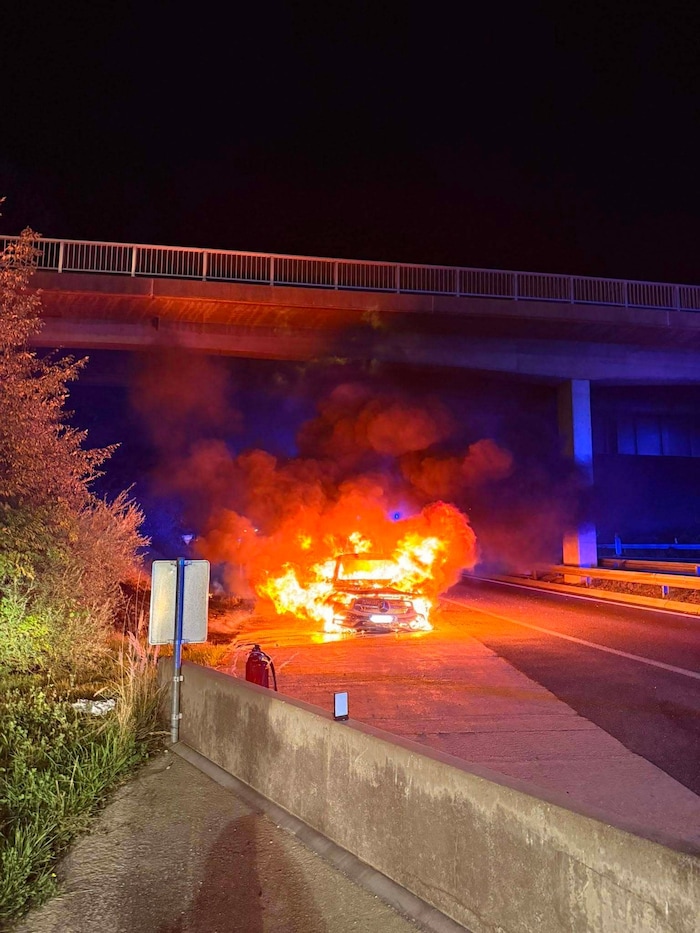 Die Einsatzkräfte beim Löschen des Fahrzeuges.