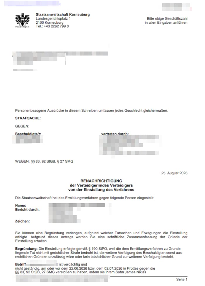 Das Schreiben der Staatsanwaltschaft zu dem Fall