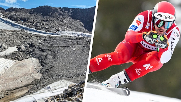 Das Gletschersterben (links) setzt unseren Wintersport-Stars immer mehr zu. Sommerliche ...