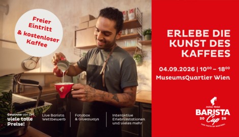 Am 4.9.2026 wird’s spannend im MQ: Wer gewinnt den Barista Cup? Dazu gibt’s interaktive ...