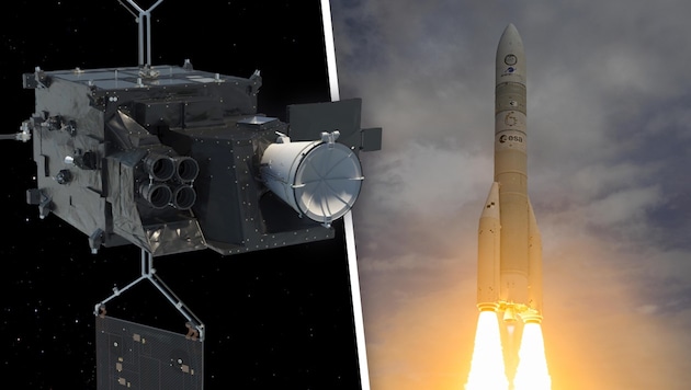 Der neue MTG-Image-2-Wettersatellit und die Triebwerke der Ariane-Rakete werden mit Technologie ...