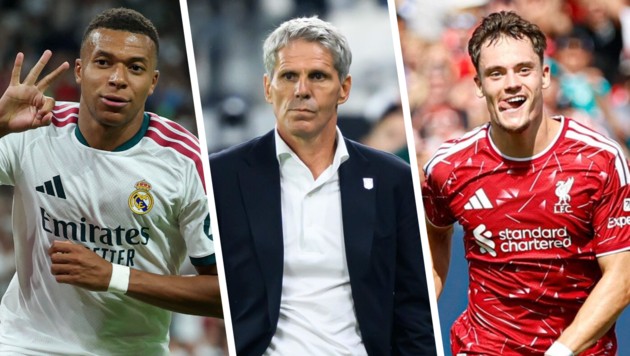 LASK-Trainer Didi Kühbauer bekommt es mit Kylian Mbappe von Real (l.) und Florian Wirtz (r.) vom ...