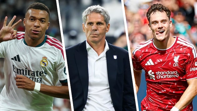 LASK-Trainer Didi Kühbauer bekommt es mit Kylian Mbappe von Real (l.) und Florian Wirtz (r.) vom ...