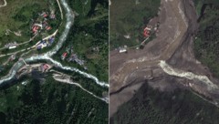 Das Bergdorf Syap Sru Besi im Norden Nepals im Jahr 2023 (li.) und nach der Sturzflut am ...