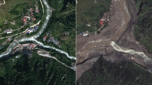 Das Bergdorf Syap Sru Besi im Norden Nepals im Jahr 2023 (li.) und nach der Sturzflut am ...
