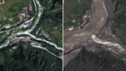 Das Bergdorf Syap Sru Besi im Norden Nepals im Jahr 2023 (li.) und nach der Sturzflut am ...