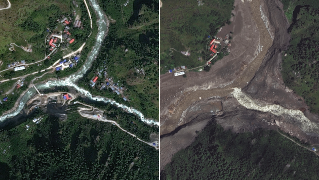 Das Bergdorf Syap Sru Besi im Norden Nepals im Jahr 2023 (li.) und nach der Sturzflut am ...