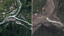 Das Bergdorf Syap Sru Besi im Norden Nepals im Jahr 2023 (li.) und nach der Sturzflut am ...