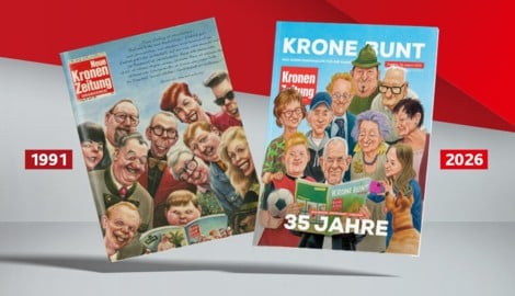 „Krone bunt“ einst und heute: Das Cover der ersten Ausgabe wurde damals von Manfred Deix ...