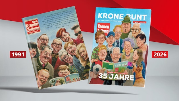 „Krone bunt“ einst und heute: Das Cover der ersten Ausgabe wurde damals von Manfred Deix ...