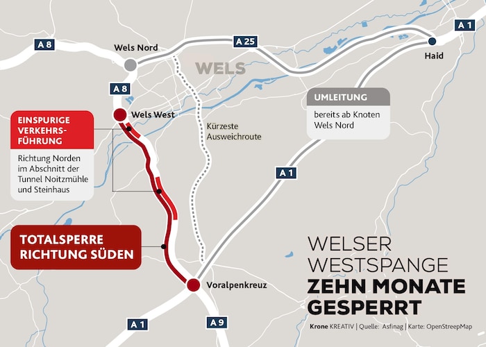 Ab 15. September wird die Welser Westspange gesperrt, der Verkehr wird über Haid umgeleitet.